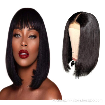 Uniky Short Bob Wigs Human Hair Lace Frontal Closure Bob Wigs Lace Front Peruvian Bob Human Hair Wigs With Bangs